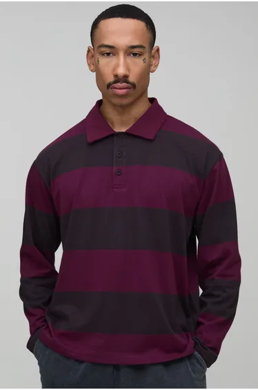 Oversized Boxy Official Striped Long Sleeve Rugby Polo - burgundy