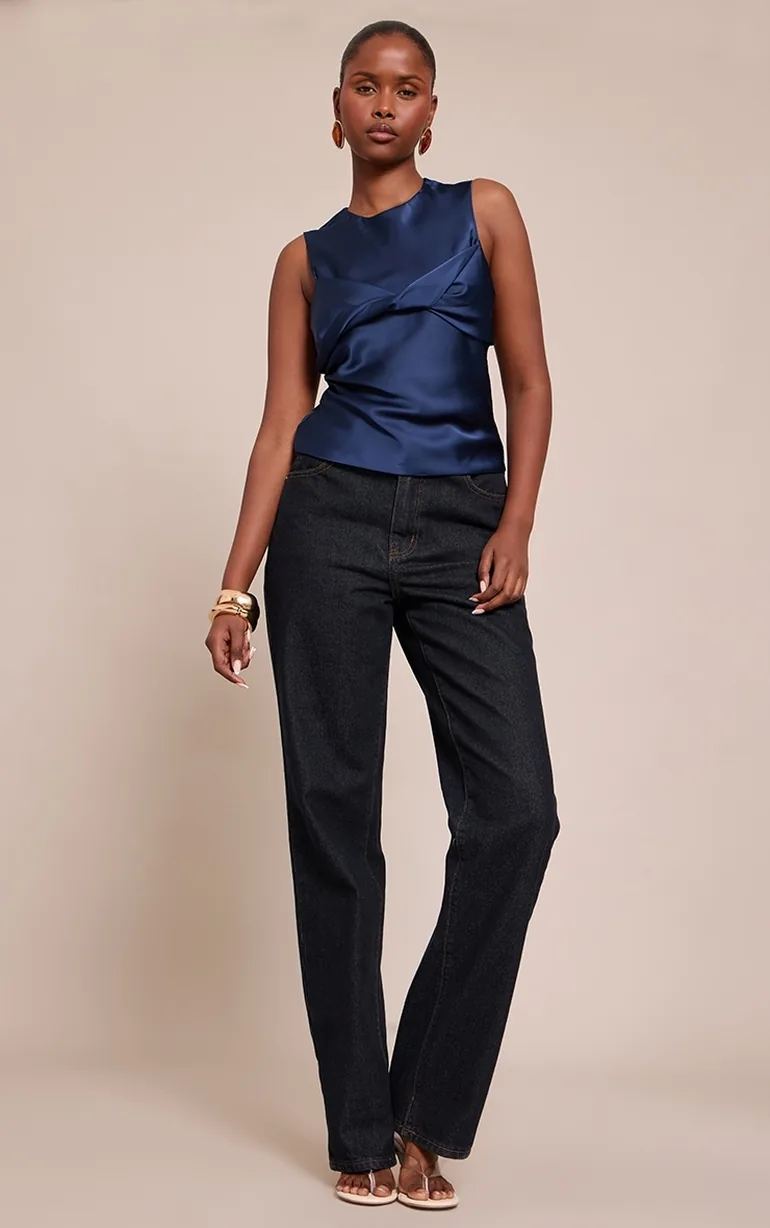 Navy Satin Overlay Twist Detail Long Top - 2