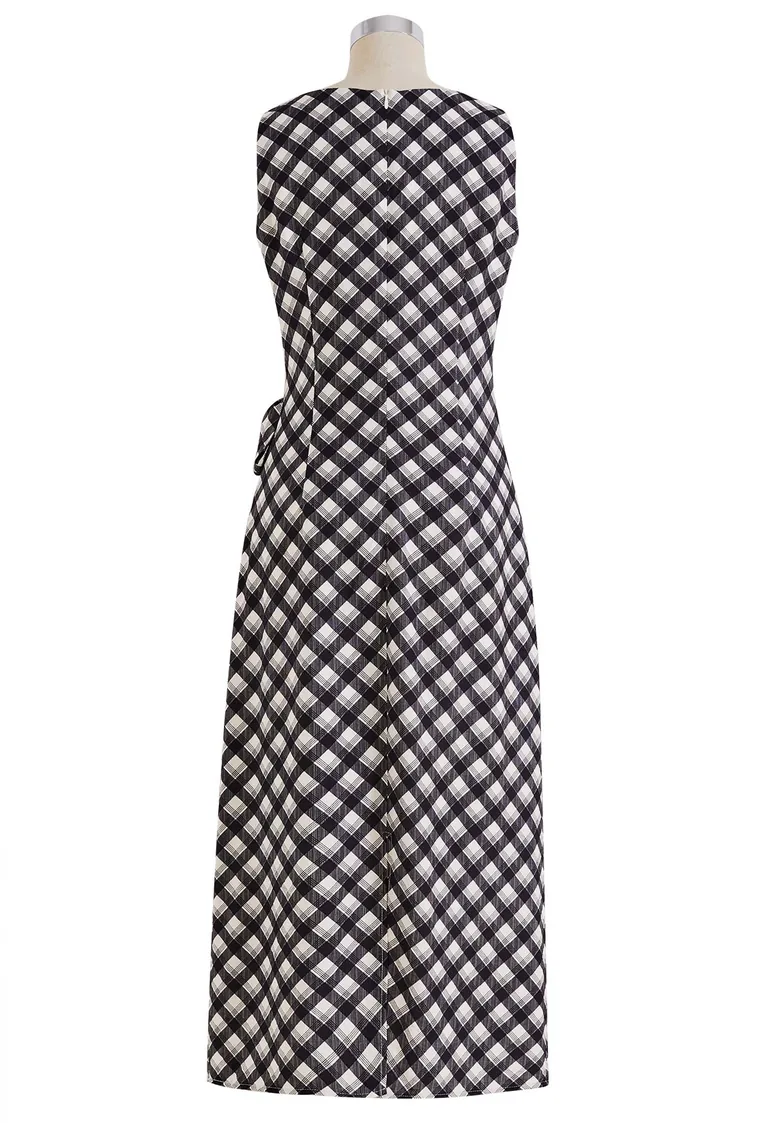 Gingham Tie-Bow Ruched Waist Sleeveless Dress in Black for Brunch Dates & Office Day - 11