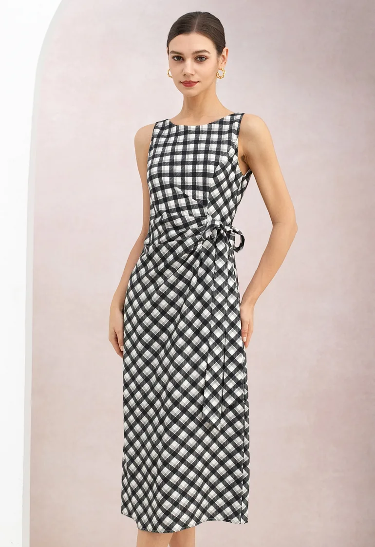 Gingham Tie-Bow Ruched Waist Sleeveless Dress in Black for Brunch Dates & Office Day - 1