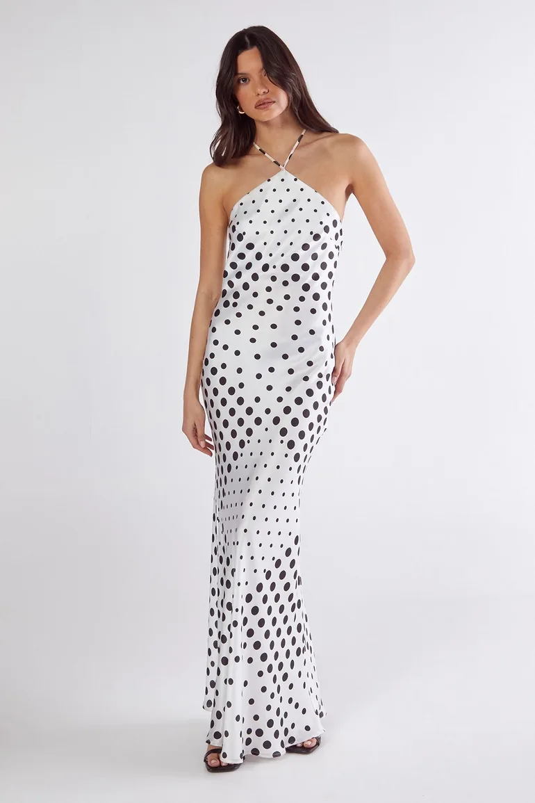 Satin Polka Dot Halter Neck Cowl Back Maxi Dress