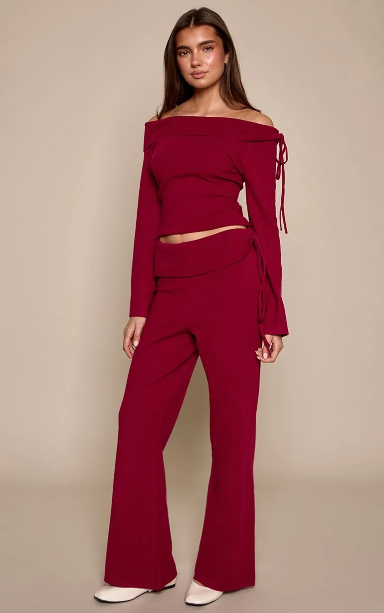 Cherry Foldover Tie Side Knitted Wide Leg Trouser