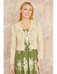 Yumi Beige Crochet Knitted Cropped Cardigan
