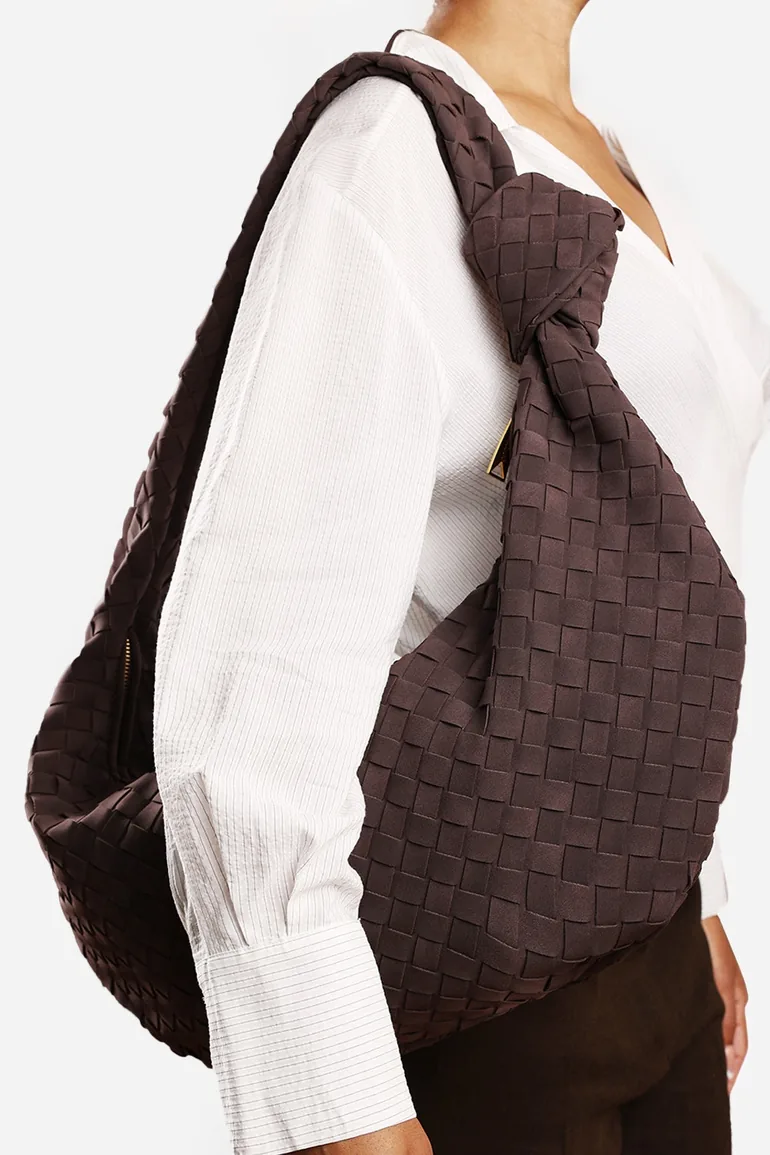 Fexia Brown Suede Woven Shoulder Bag with Knotted Straps Detail - 1