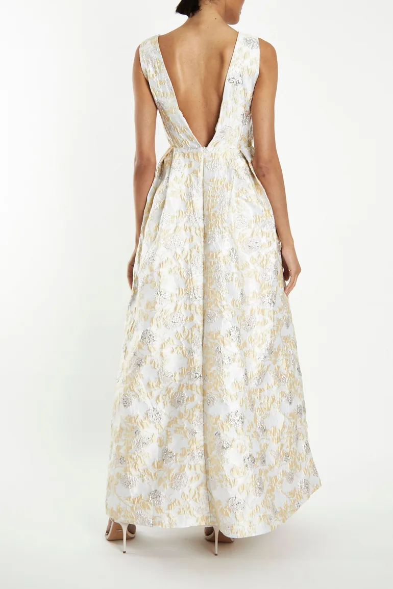 Louise Cream Metallic Brocade Plunging Back Maxi-Dress - 1