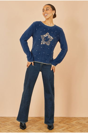 Yumi Navy Fluffy Star Christmas Jumper product thumbnail 4