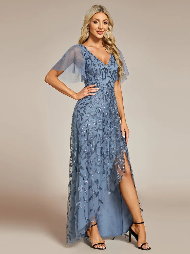 ever ALIX|Short Sleeves Sequin High Low V-Neck Midi Formal Evening Dress - 2