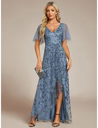 ever ALIX|Short Sleeves Sequin High Low V-Neck Midi Formal Evening Dress - 4