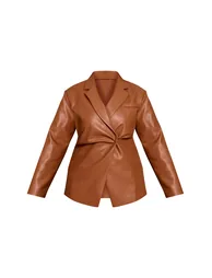 Plus Tan Faux Leather Cinch Waist Blazer - 4