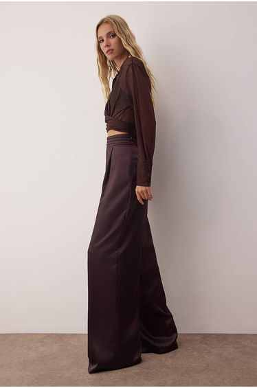 Brown Plain Woven Satin Dressy/Evening Trousers product thumbnail 2