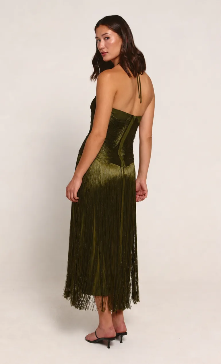 Olive Halter Fringe Midaxi Dress - 2