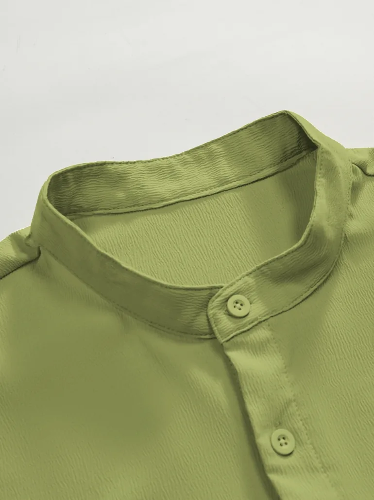 Men Green Mandarin Collar Short Sleeve Shirt - 2