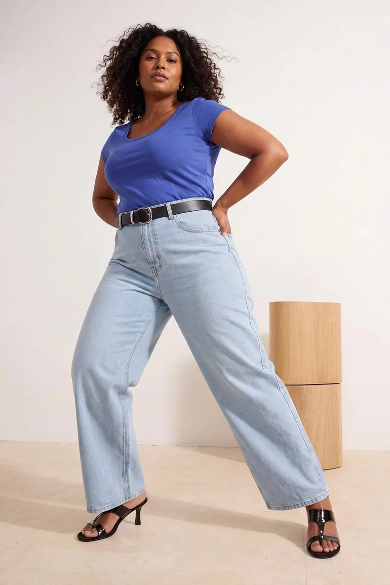 Light Blue Elastic High Waist Comfort/Medium Stretch New Wi̇de Leg Plus Size Jeans - 2
