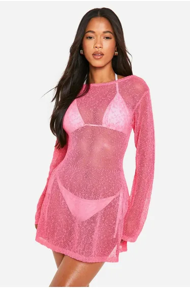 Popcorn Crochet Open Back Beach Mini Dress - pink