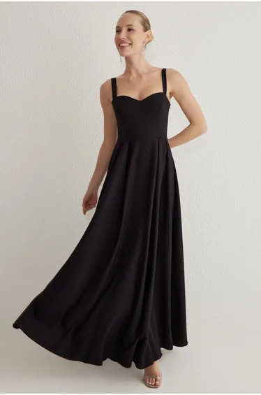 Black A-Line Back Bow Detail Woven Long Elegant Evening Dress & Graduation Dress