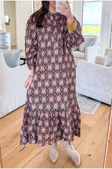 Lvness Brown Floral Print Button Front Ruffle Hem Midi Dress product thumbnail 2