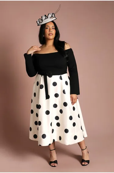 Plus Long Sleeve Bardot Printed Full Skirted Ponte Midi Dress