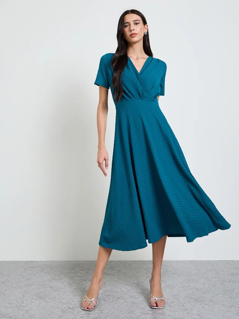 Teal Textured V Neck A-Line Midi Dress