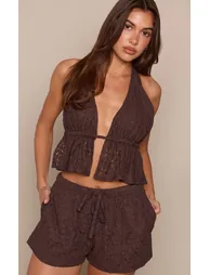 Brown Crochet Lace Halter Neck Open Top - 1