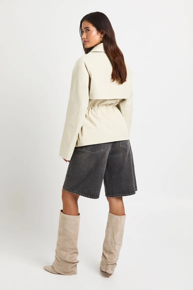 Cinched Waist Short Trench Coat - stone - 2