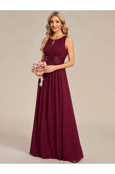 Maxi Chiffon Hollow Round Neck Decor Bridesmaids Dress