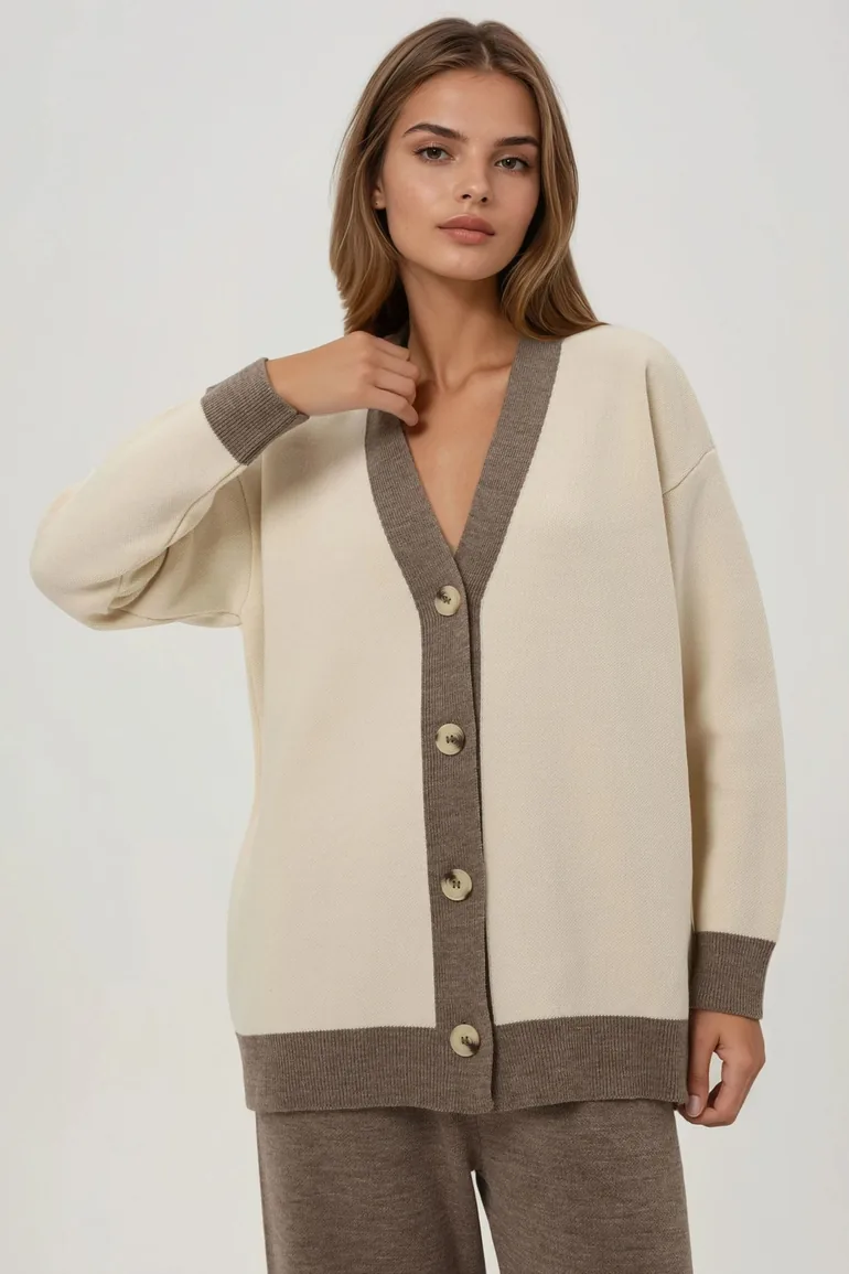 Buttoned Cardigan & Textured High Waist Knit Pants Co-Ord Set - 2