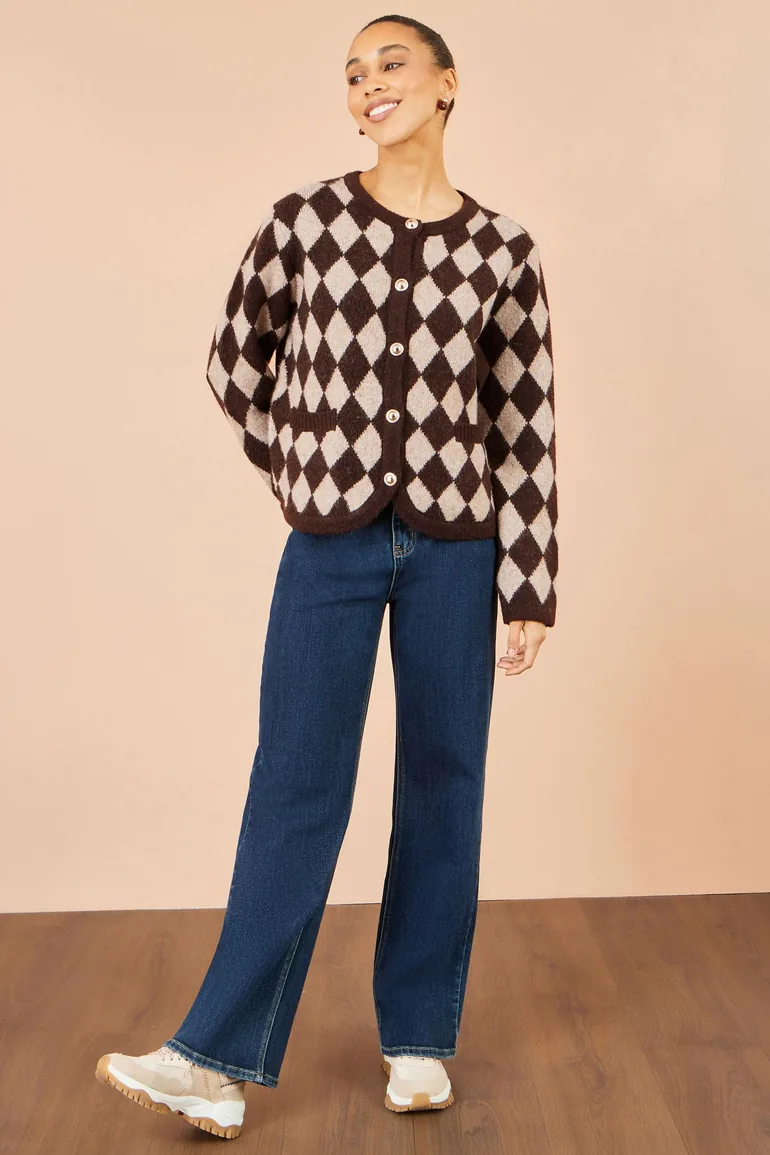 Yumi Brown Argyll Knit Cardigan - 2
