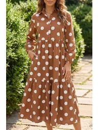 Lvness Brown Polka Dot Button Front Long Sleeve Shift Dress - 1