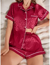 Red Leopard Pattern Piping Shirt and Shorts Set