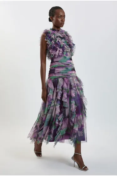 Blurred Floral Frill Tulle Maxi Dress