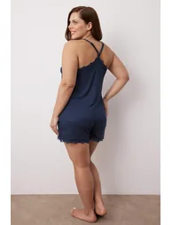 Navy Blue Strap Knitted Lace Detailed Pajama Set - 2