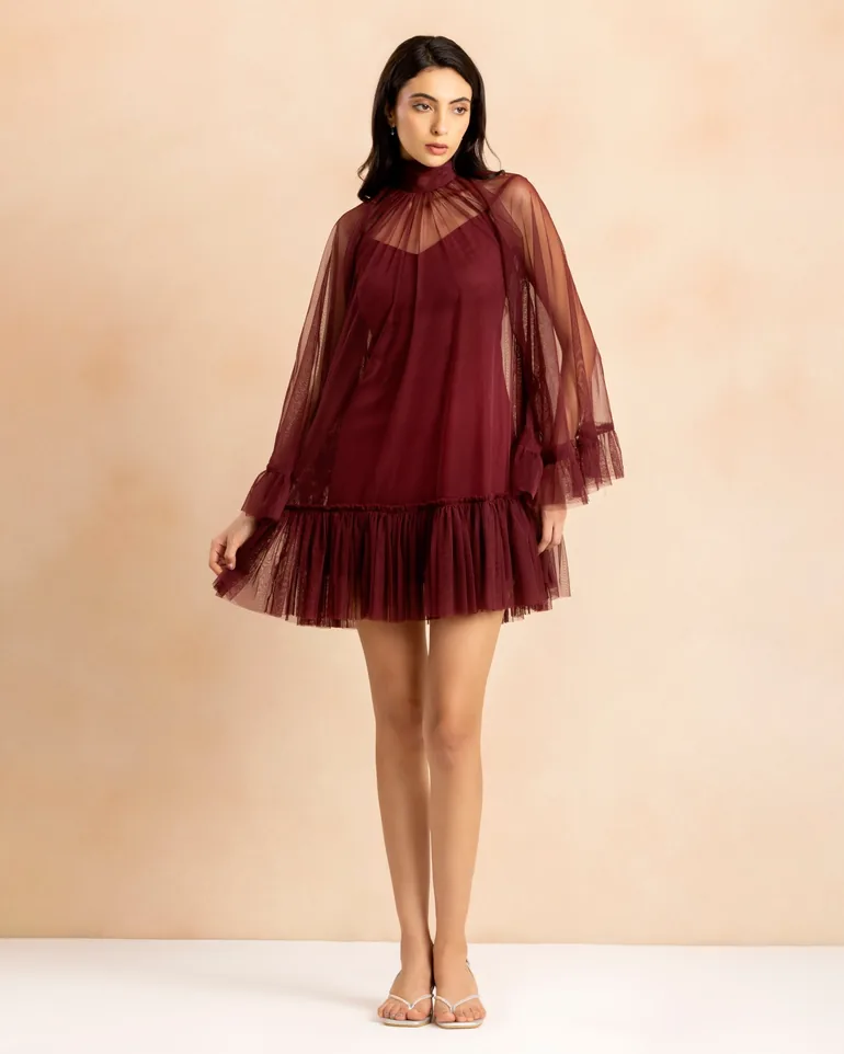 Malta Tulle Mini Dress in Cabernet