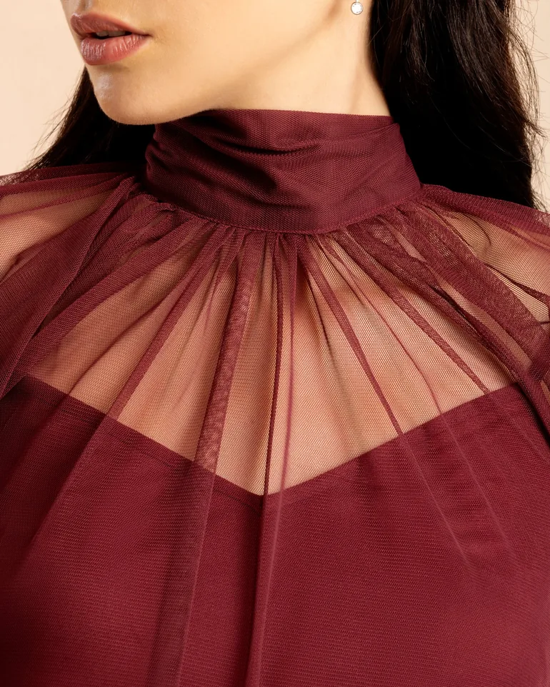 Malta Tulle Mini Dress in Cabernet - 2