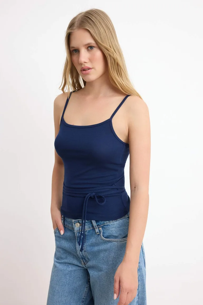 Navy Blue Fitted Pool Collar Sleeveless Soft Knitted Blouse - 3