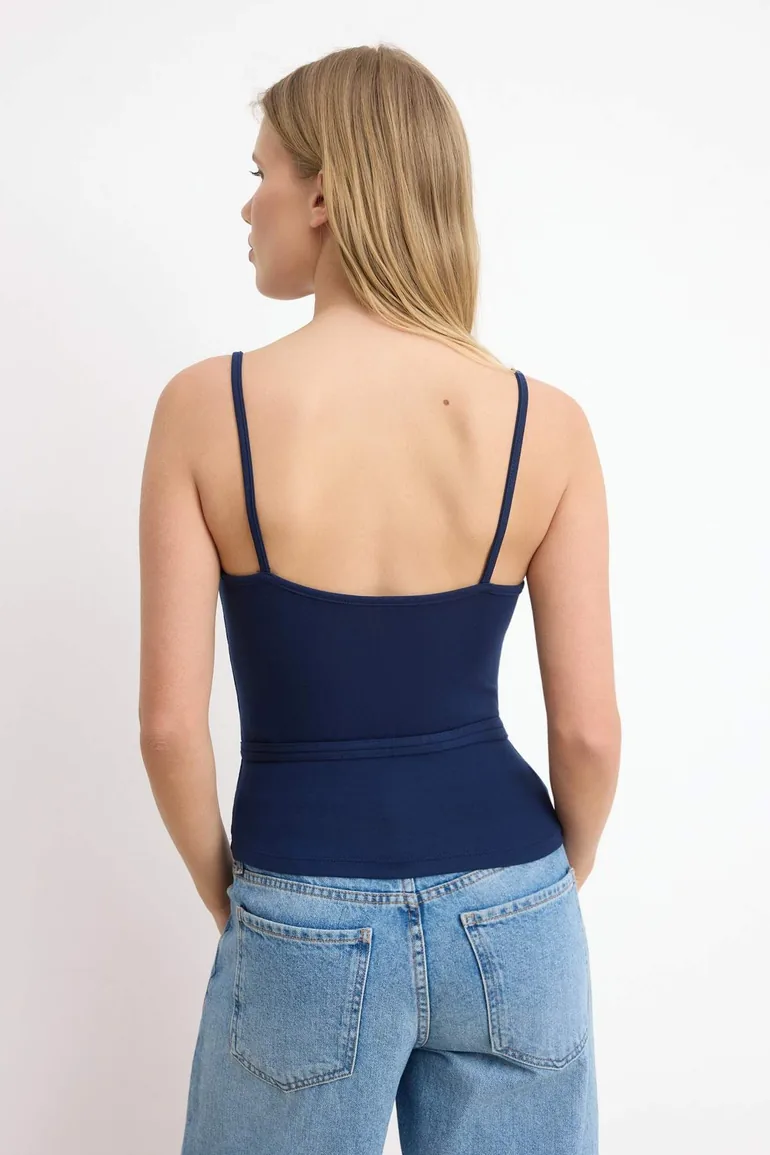 Navy Blue Fitted Pool Collar Sleeveless Soft Knitted Blouse - 6