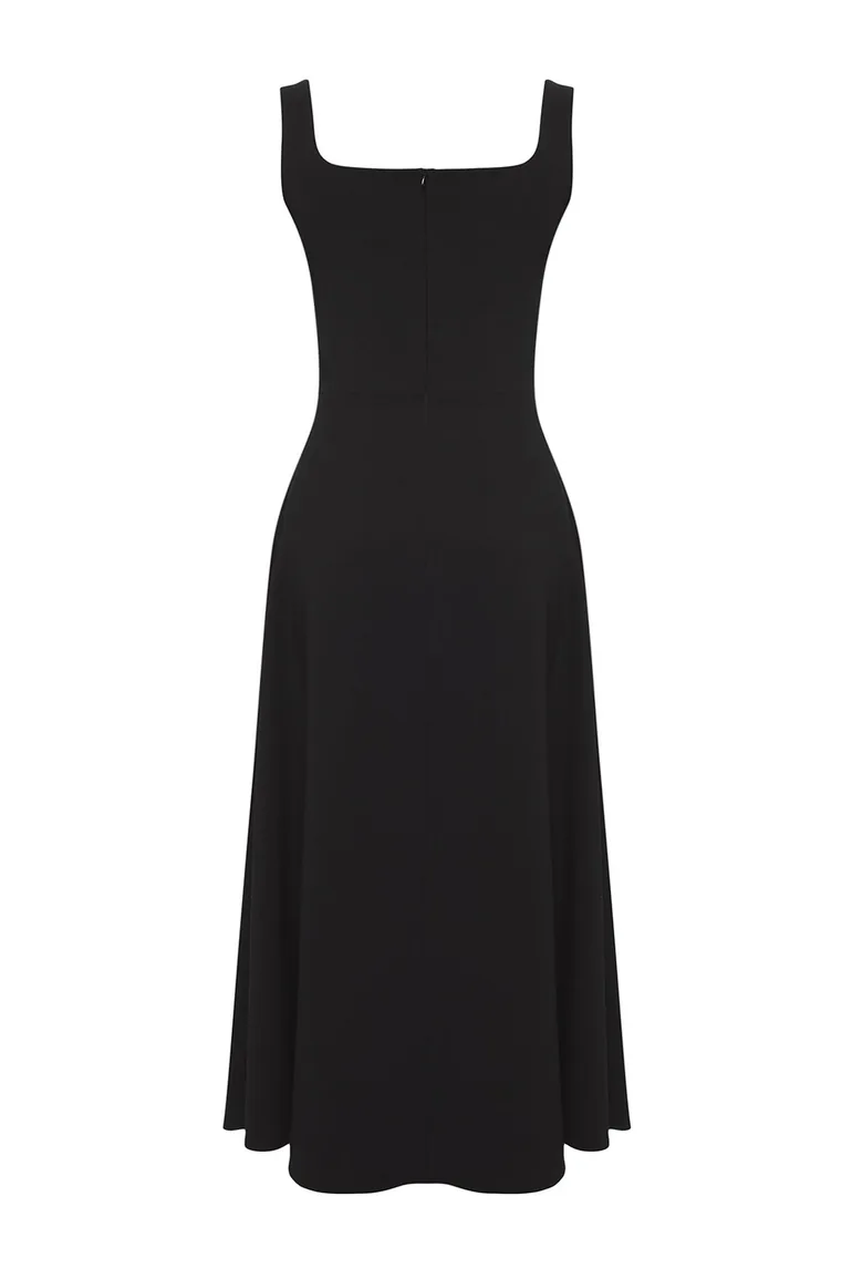 Black Straight A-Line Stone Accessory Woven Finike Midi Unlined Stylish/Evening Dress - 5