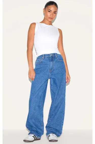 PRETTYLITTLETHING Petite Dark Blue High Waist Boyfriend Jean