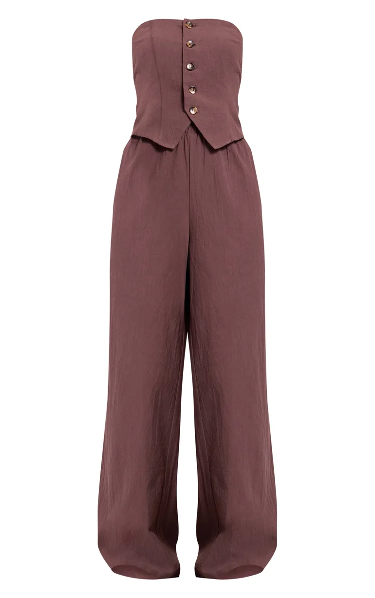 Brown Textured Bandeau Button Jumpsuit - 4