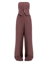 Brown Textured Bandeau Button Jumpsuit - 4
