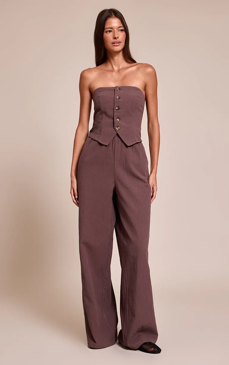 Brown Textured Bandeau Button Jumpsuit - 2