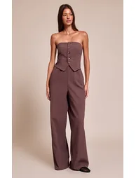 Brown Textured Bandeau Button Jumpsuit - 2