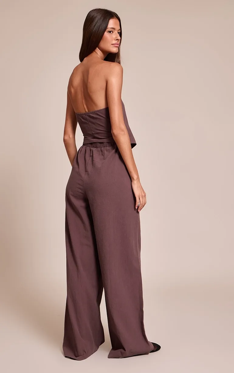 Brown Textured Bandeau Button Jumpsuit - 1