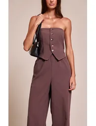 Brown Textured Bandeau Button Jumpsuit - 3