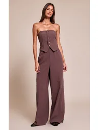 Brown Textured Bandeau Button Jumpsuit - 5