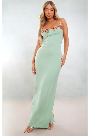 Sage Green Satin Floral Applique Underwired Strappy Maxi Dress