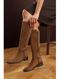 Parker Knee High Boots With Side Zip In Khaki Suede - 5