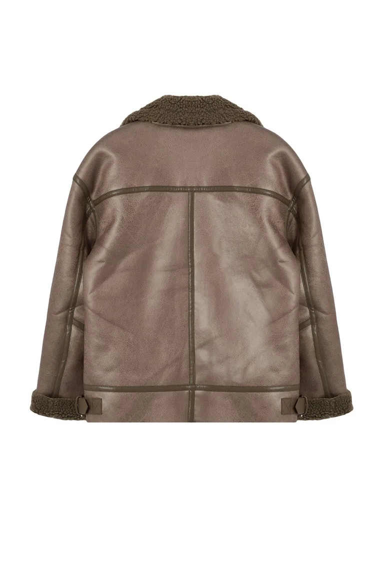 Mink Coat Collar with Belt Detail Plush Suede Biker Jacket Coat - 6