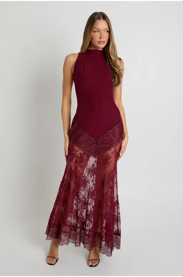 Lace Hem Maxi Dress - wine