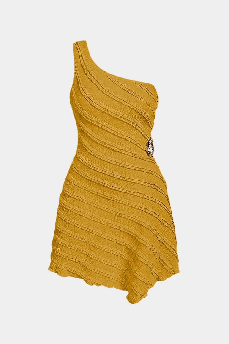 Textured Metallic One Shoulder Sleeveless Mini Dress