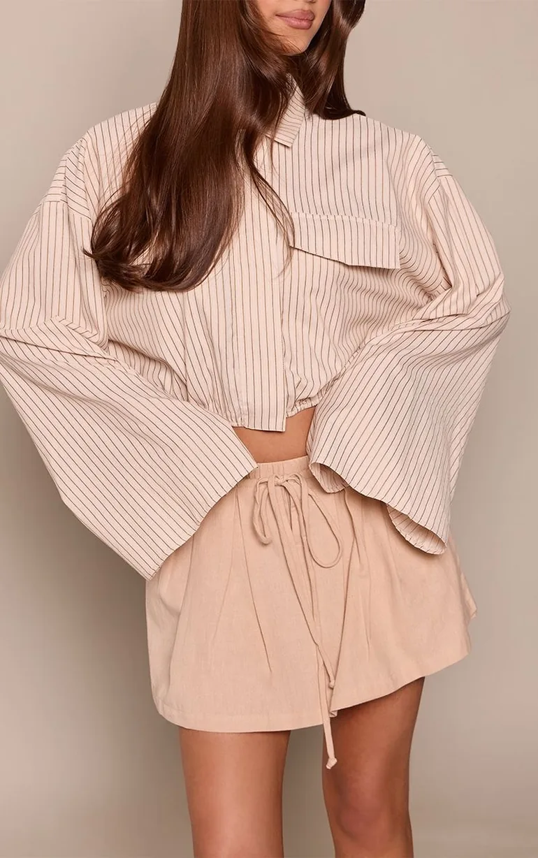 Sand Cotton Linen Blend Tie Panel Detail Mini Skirt - 2